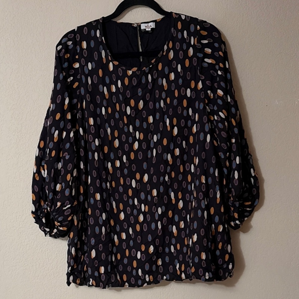 NIZA Spanish Designer Black Oval Print Viscose Blouse Balloon Sleeve Sz48/US16
